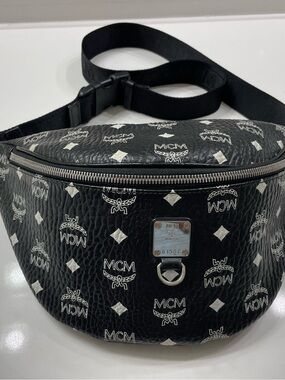MCM Black Visetos Monogram Belt Bag with Silver Hardware